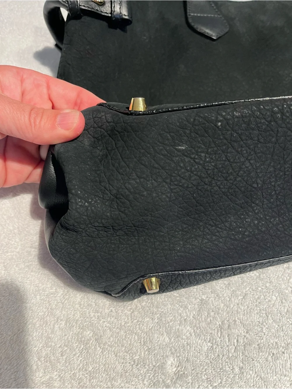 Burberry Black Suede Leather Satchel with Gold Accents